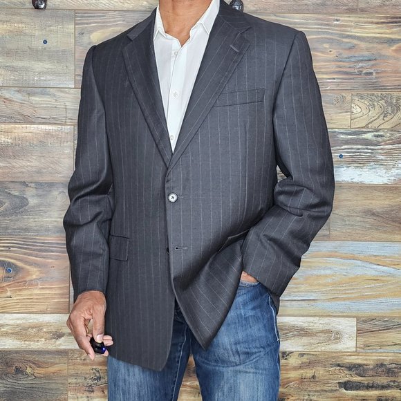 Hickey Freeman Loro Piana Wool Charcoal Gray Striped Blazer Sport Jacket 44R - Picture 1 of 11